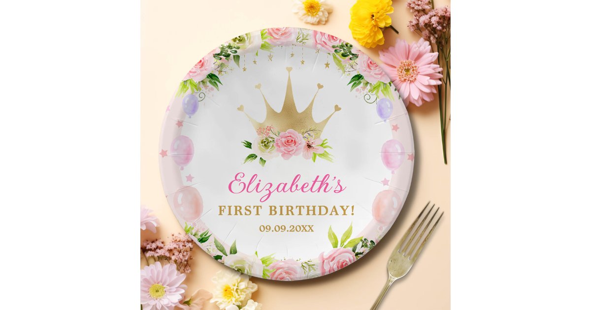 Pink Floral Princess Crown 1st Birthday Paper Plates | Zazzle