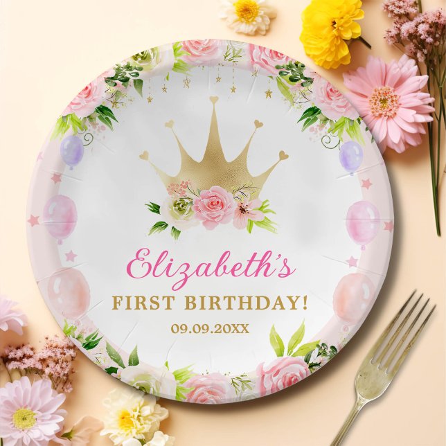 Pink Floral Princess Crown 1st Birthday Paper Plates (Creator Uploaded)
