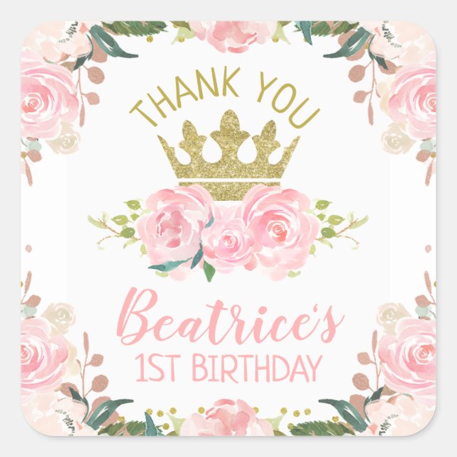 Pink Floral Princess Crown 1st Birthday Square Sticker (Front)