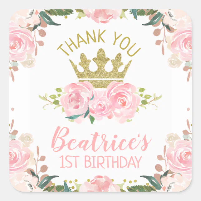Pink Floral Princess Crown 1st Birthday Square Sticker | Zazzle
