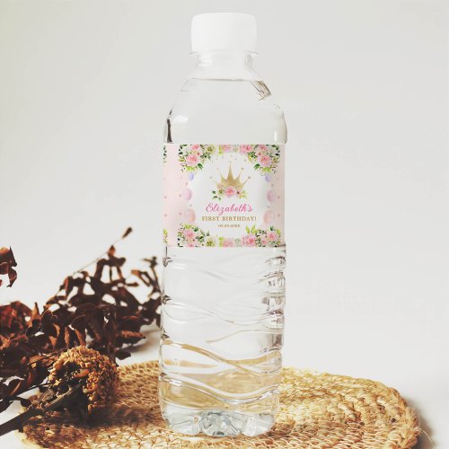 Pink Floral Princess Crown 1st Birthday Water Bottle Label