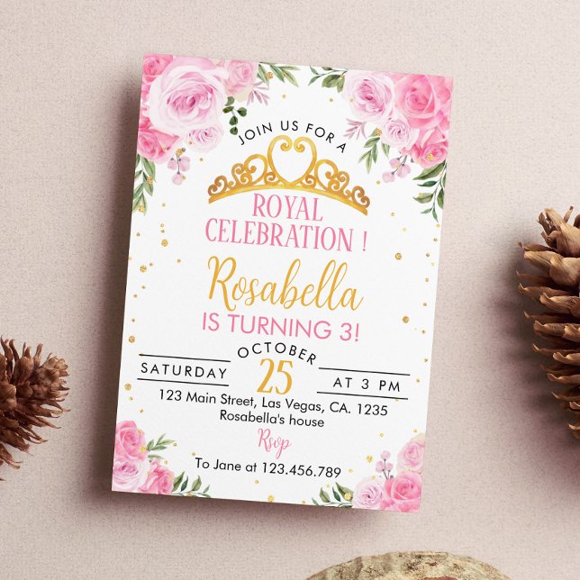 Pink Floral Princess Crown Birthday Invitation (Creator Uploaded)