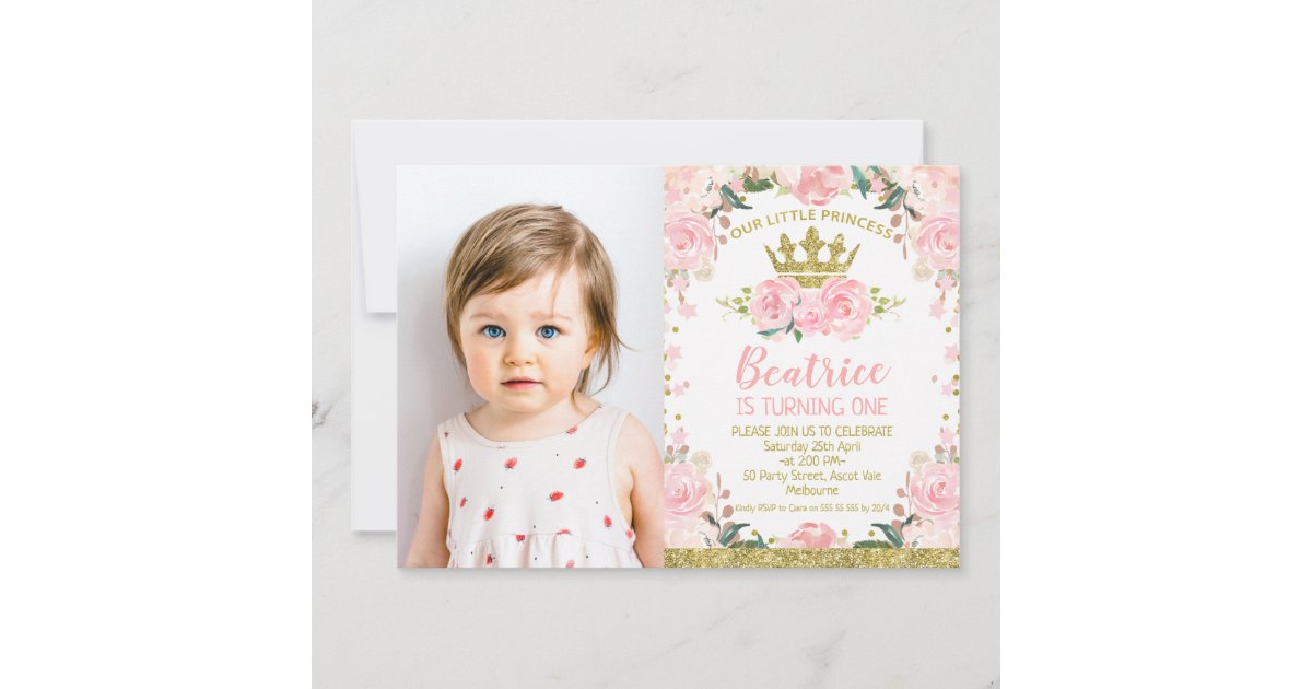Pink Floral Princess Crown Photo 1st Birthday Invitation | Zazzle