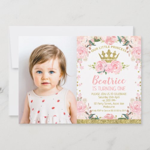 Pink Floral Princess Crown Photo 1st Birthday Invitation