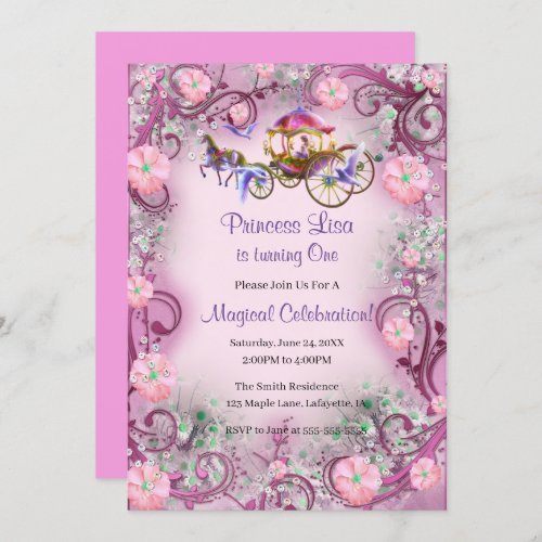 Pink Floral Princess Fairy Tail 1st Birthday Invitation
