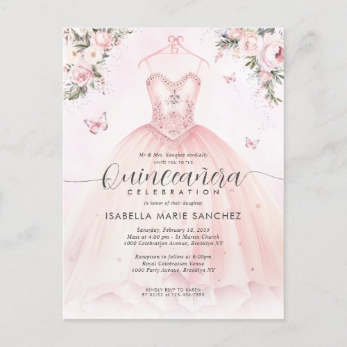 Pink Floral Princess Gown Quinceanera Birthday Postcard