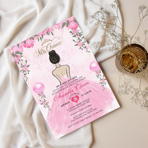 Pink Floral Princess Mis Quince Quinceaera Invitation