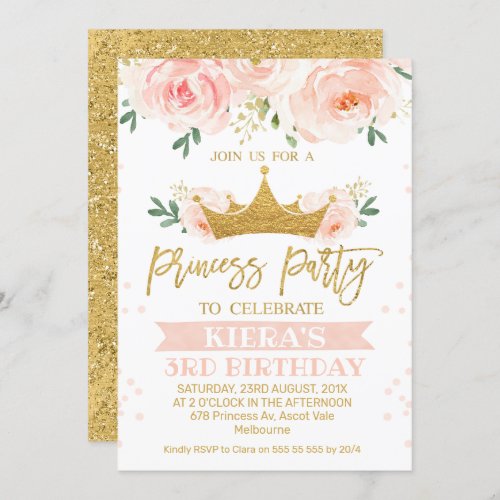 Pink Floral Princess Party Birthday Invitation