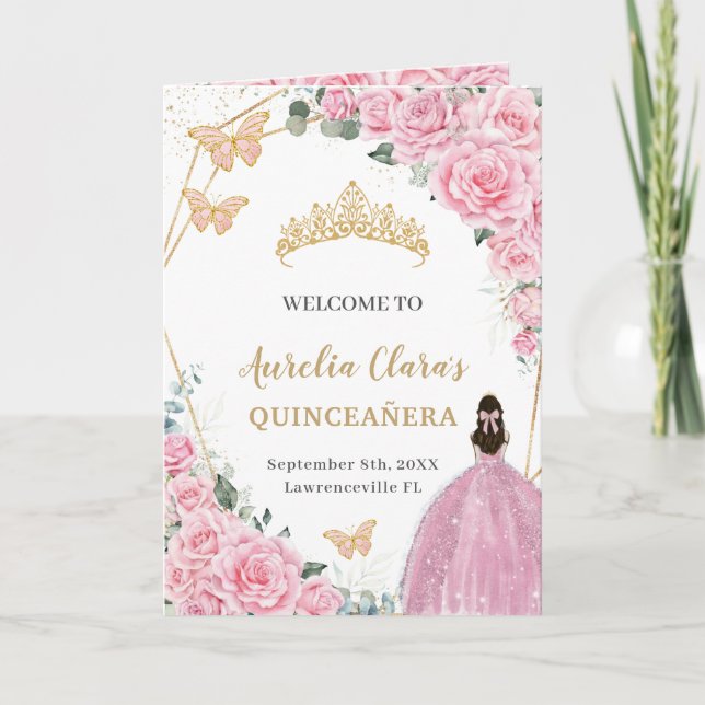 Pink Floral Princess Quinceañera Order of Events  Program (Front)