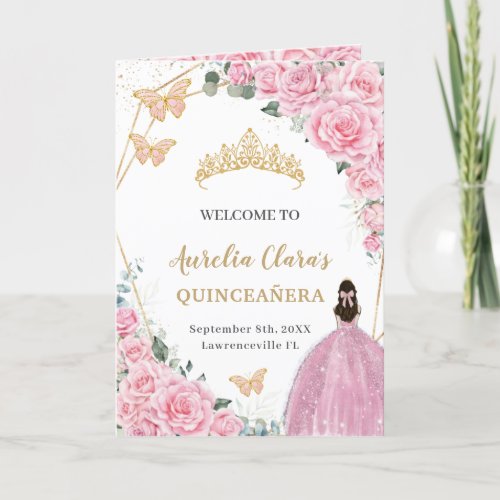 Pink Floral Princess Quinceaera Order of Events  Program