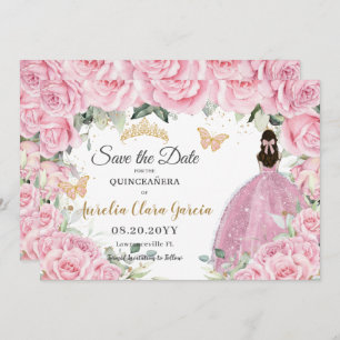Pink Floral Princess Quinceañera Quince Sweet 16 Save The Date