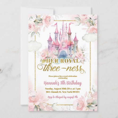 Pink Floral Princess Royal Castle 3rd Birthday Invitation