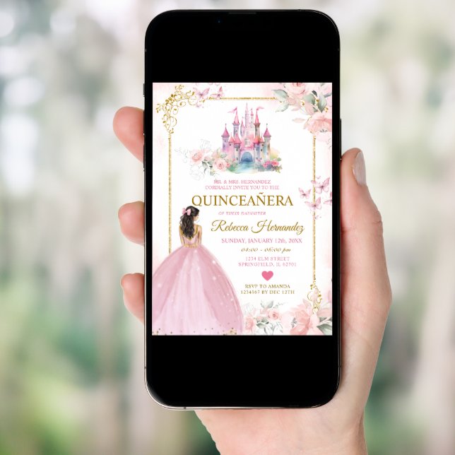 Pink Floral Princess Royal Castle Gold Quinceañera Invitation (Front Digital)