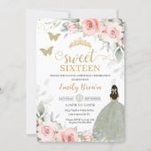Pink Floral Princess Sage Green Sweet Sixteen Invitation (Front)
