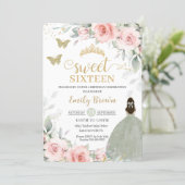 Pink Floral Princess Sage Green Sweet Sixteen Invitation (Standing Front)