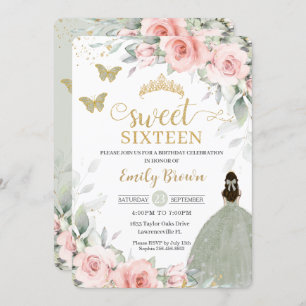 Pink Floral Princess Sage Green Sweet Sixteen Invitation
