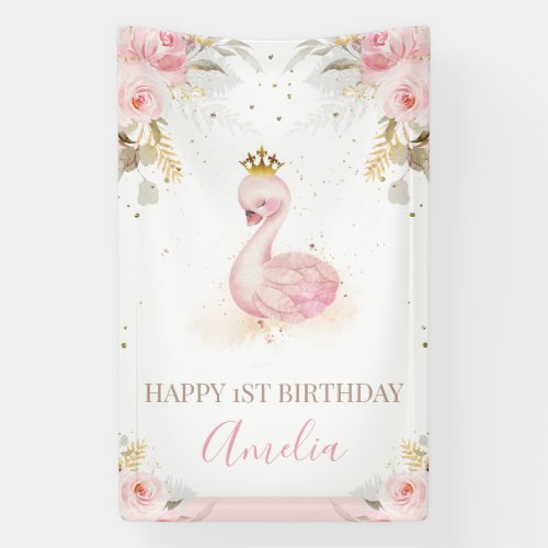 Pink Floral Princess Swan 1st Birthday Banner