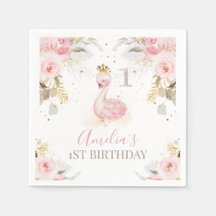 Pink Floral Princess Swan 1st Birthday Paper Napkins