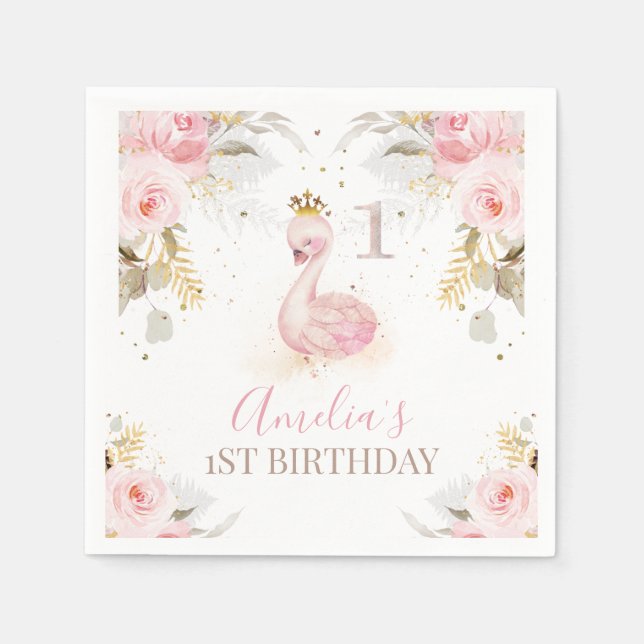 Pink Floral Princess Swan 1st Birthday Paper Napkins (Front)