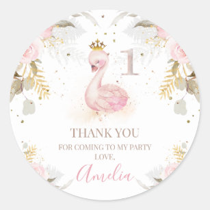 Pink Floral Princess Swan 1st Birthday Sticker