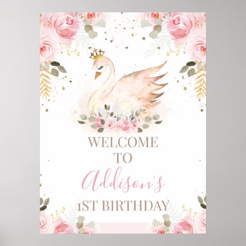 Pink Floral Princess Swan Birthday Welcome Sign