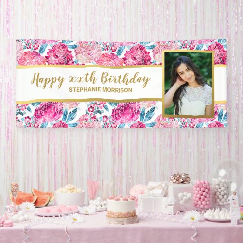Pink Floral Print  Any Age Custom Photo Birthday Banner