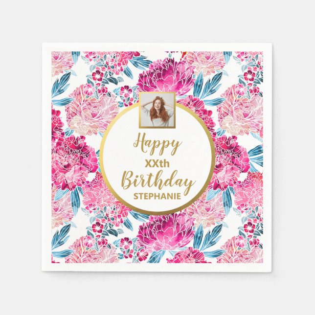 Pink Floral Print, Photo, Any Age, Custom Birthday Napkins (Front)