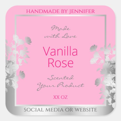 Pink Floral Product Packaging Labels Silver Frame