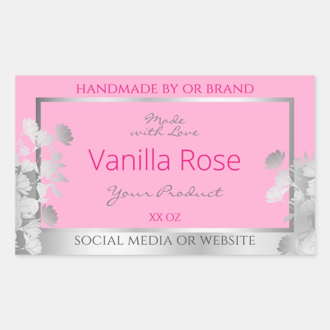 Pink Floral Product Packaging Labels Silver Frame (Front)