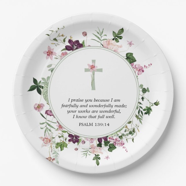 Pink Floral Psalm 139:14  Paper Plates (Front)