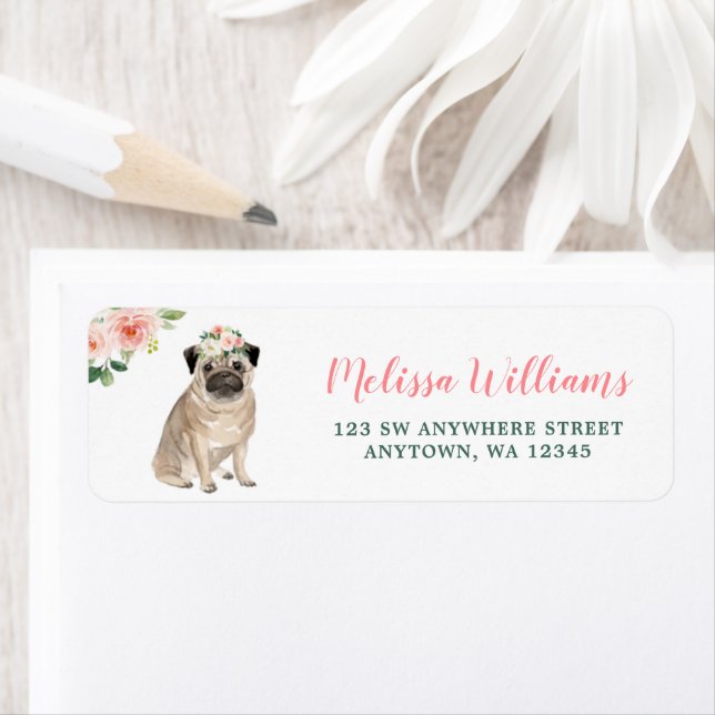 Pink Floral Pug Dog Return Address Label (Insitu)