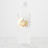 Pink Floral Pumpkin 1st Birthday Party Girl Favor Water Bottle Label