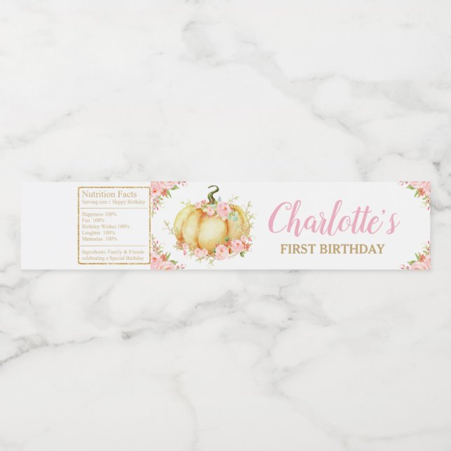 Pink Floral Pumpkin 1st Birthday Party Girl Favor Water Bottle Label (Single Label)