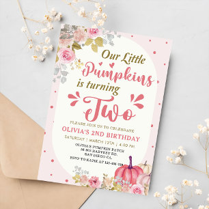 Pink Floral Pumpkin 2nd Birthday Party Invitation