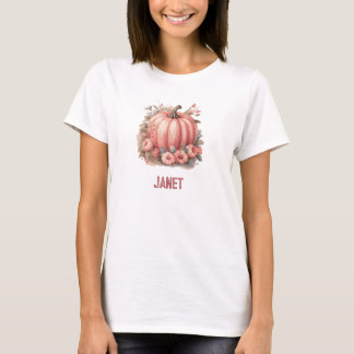 Pink Floral Pumpkin and Fall Leaves T-Shirt