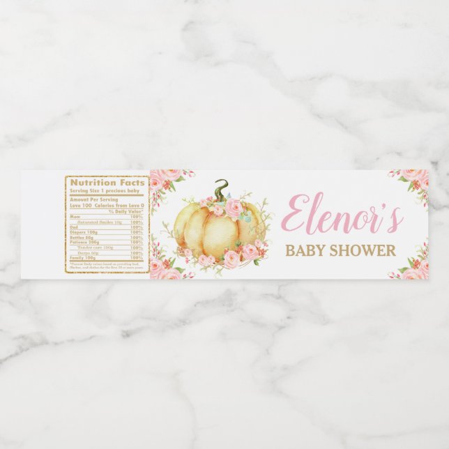 Pink Floral Pumpkin Baby Shower Baby Girl Favor Water Bottle Label (Single Label)