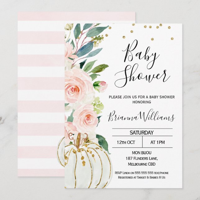 Pink Floral Pumpkin Baby Shower Invitation (Front/Back)