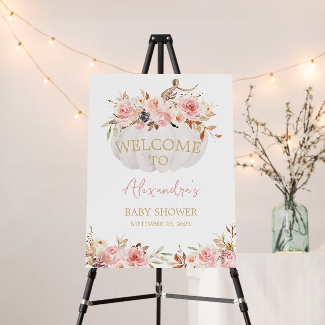 Pink Floral Pumpkin Baby Shower Welcome Sign (In Situ (Stand))