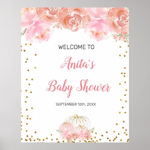 Pink floral pumpkin Baby Shower Welcome sign