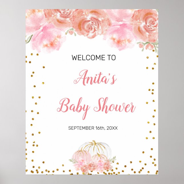 Pink floral pumpkin Baby Shower Welcome sign (Front)