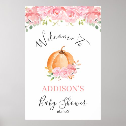 Pink Floral Pumpkin Baby Shower Welcome Sign