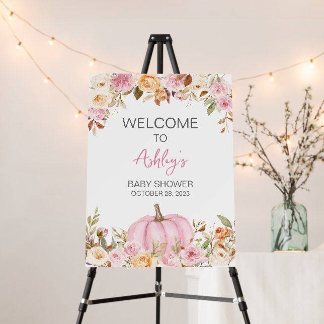 Pink Floral Pumpkin Baby Shower Welcome Sign (In Situ (Stand))