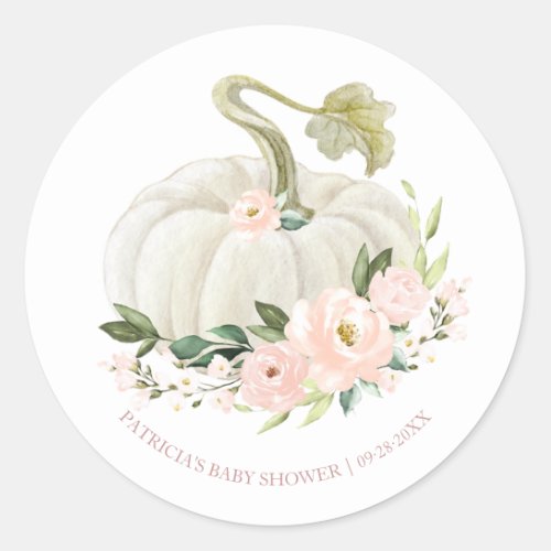 Pink Floral Pumpkin Fall Baby Shower Classic Round Classic Round Sticker