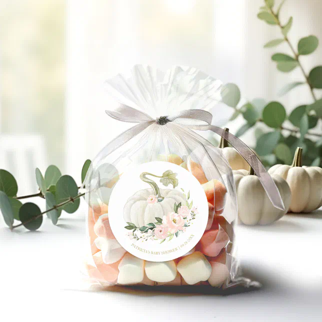 Pink Floral Pumpkin Fall Baby Shower Classic Round Sticker | Zazzle