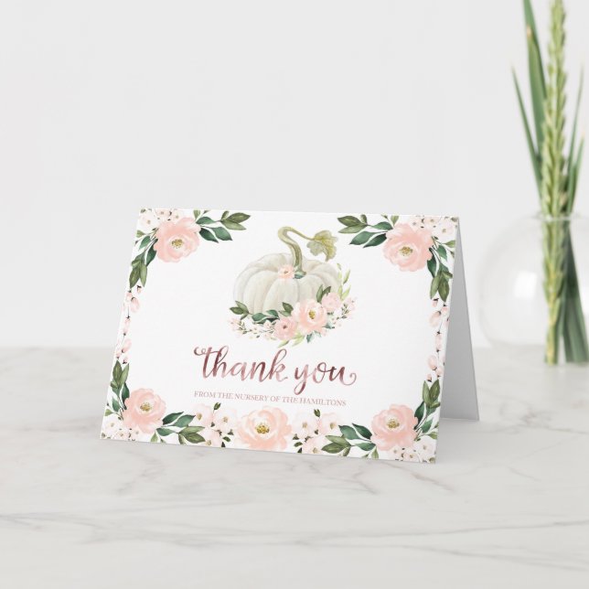 Pink Floral Pumpkin Fall Baby Shower Thank You Car Card (Front)