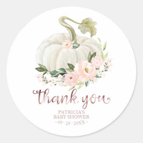 Pink Floral Pumpkin Fall Baby Shower Thank You Cla Classic Round Sticker
