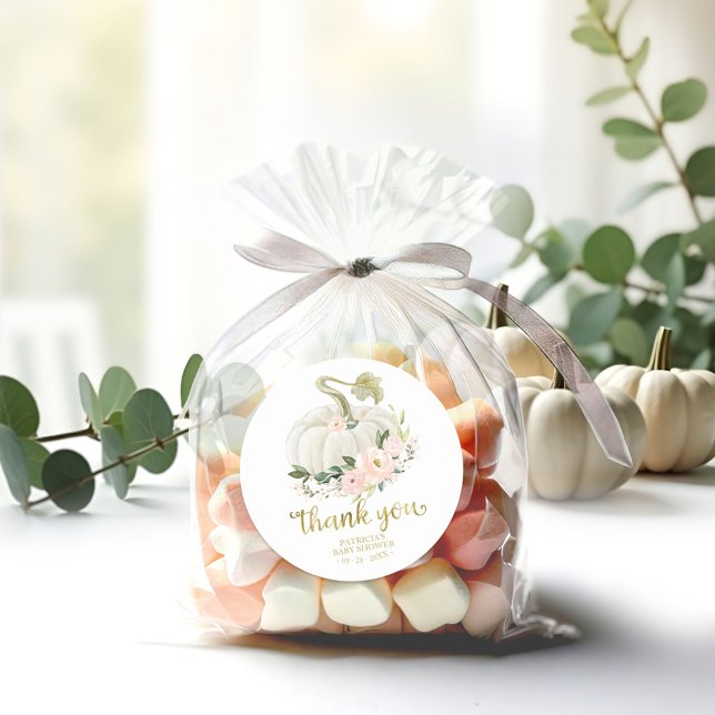 Pink Floral Pumpkin Fall Baby Shower Thank You Classic Round Sticker (Creator Uploaded)