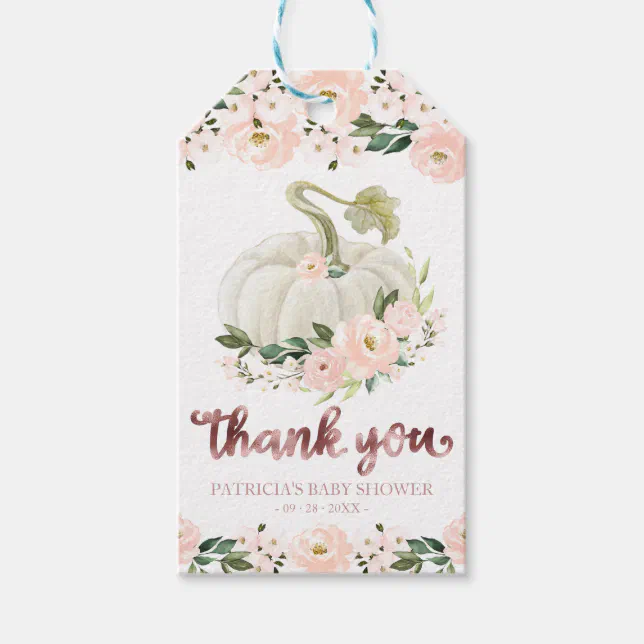Pink Floral Pumpkin Fall Baby Shower Thank You Gif Gift Tags | Zazzle