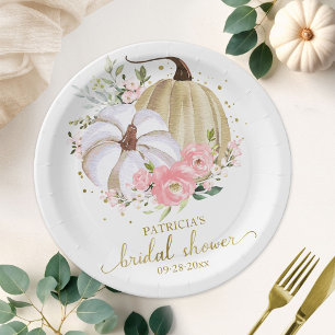 Pink Floral Pumpkin Fall Bridal Shower Paper Plates