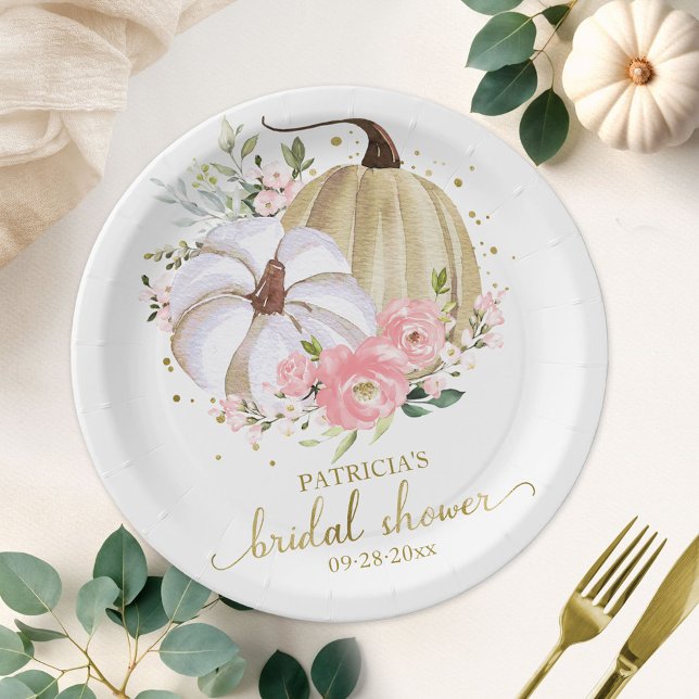 Pink Floral Pumpkin Fall Bridal Shower Paper Plates (Creator Uploaded)